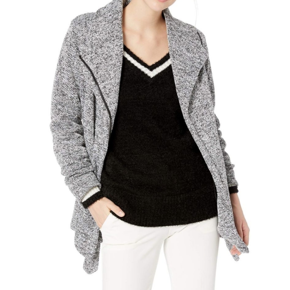 Madden girl tweed fleece asymmetrical zip up with tie